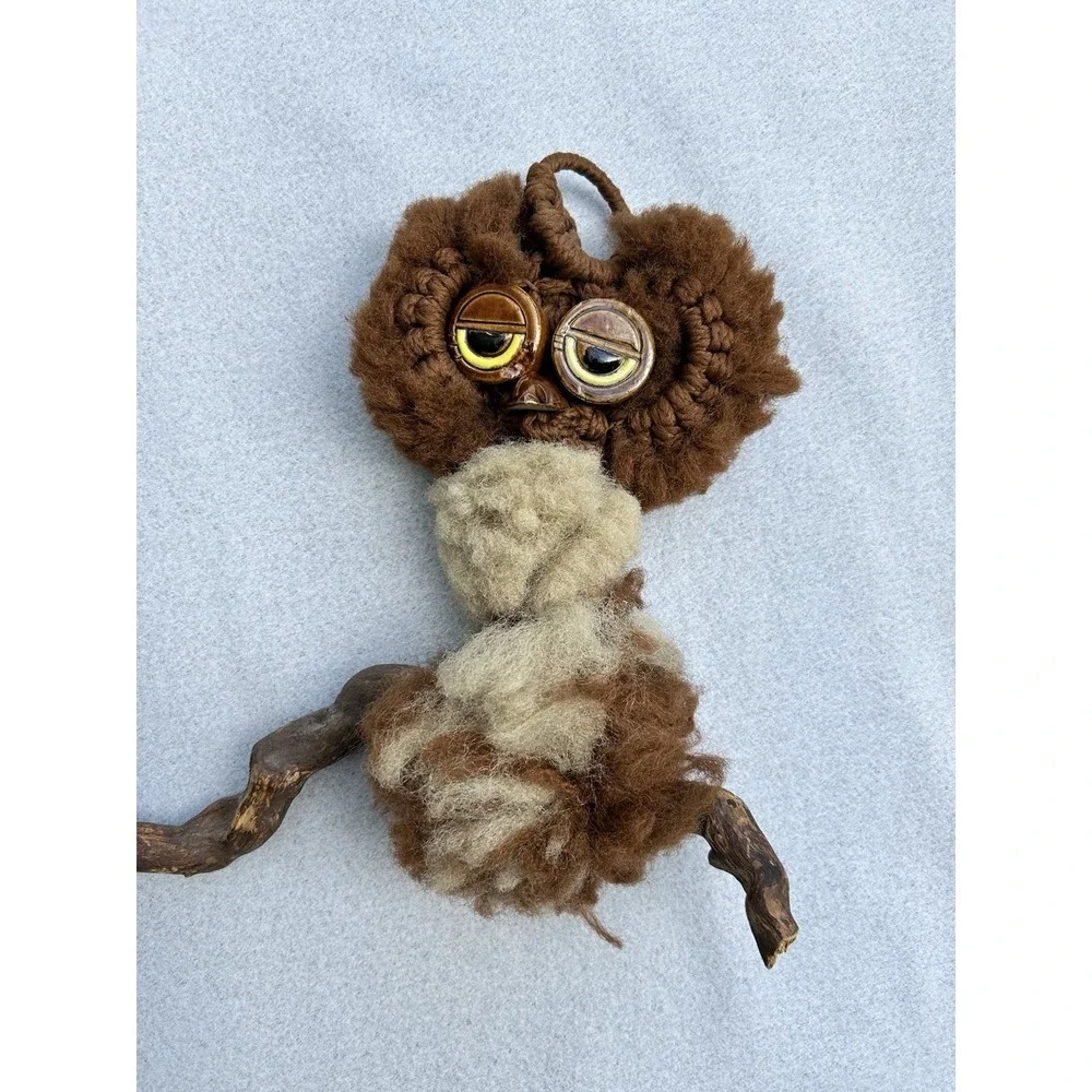 VTG Macrame Owls Perched on Wood Wall Hanging Wood Fluffy 70's MCM Brown